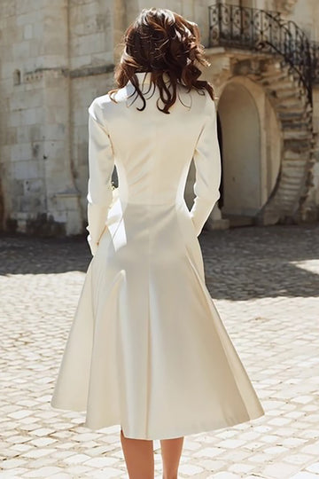 Peaked Lapel Long Sleeve Ivory A Line Satin Short Engagement Dress